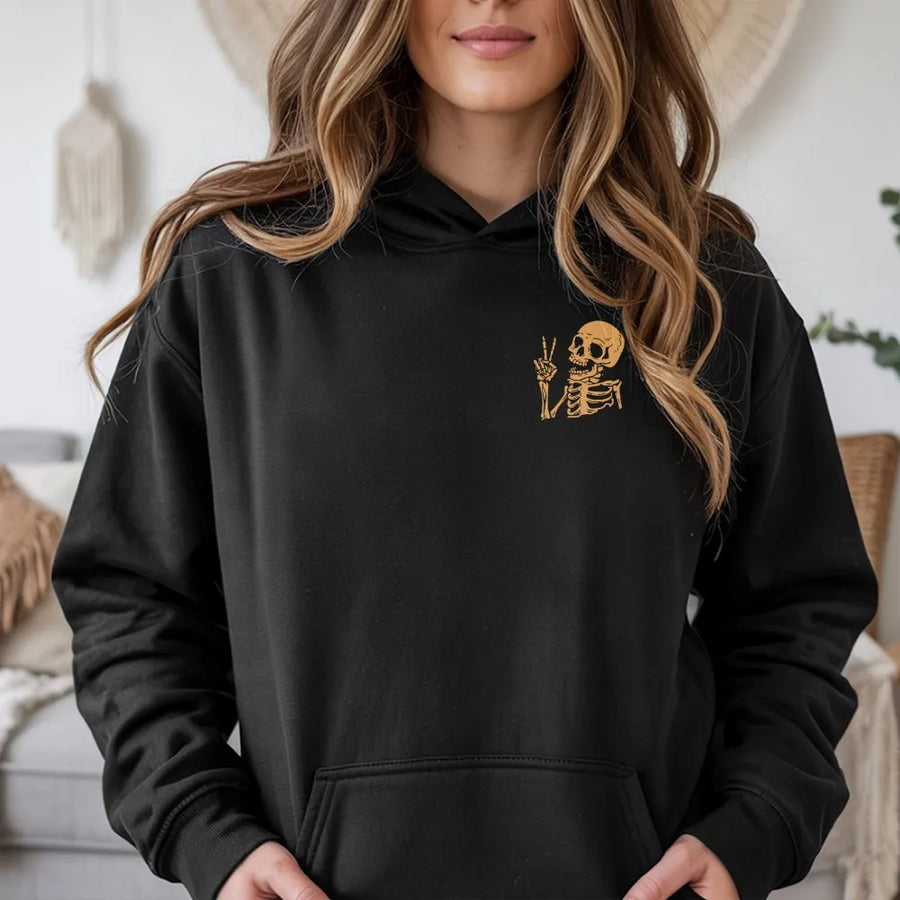 Peace Sign Skeleton Hoodie | Minimalist Chest Graphic | Premium Soft Cotton Tee | Unisex Edgy Streetwear Gift