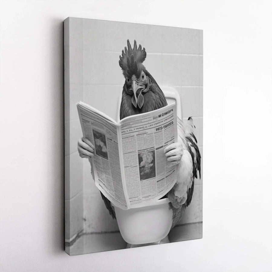 Funny Rooster on Toilet Canvas | Black and White Bathroom Art | Premium Frameless Wall Decor | Quirky Farmhouse Animal Print Gift