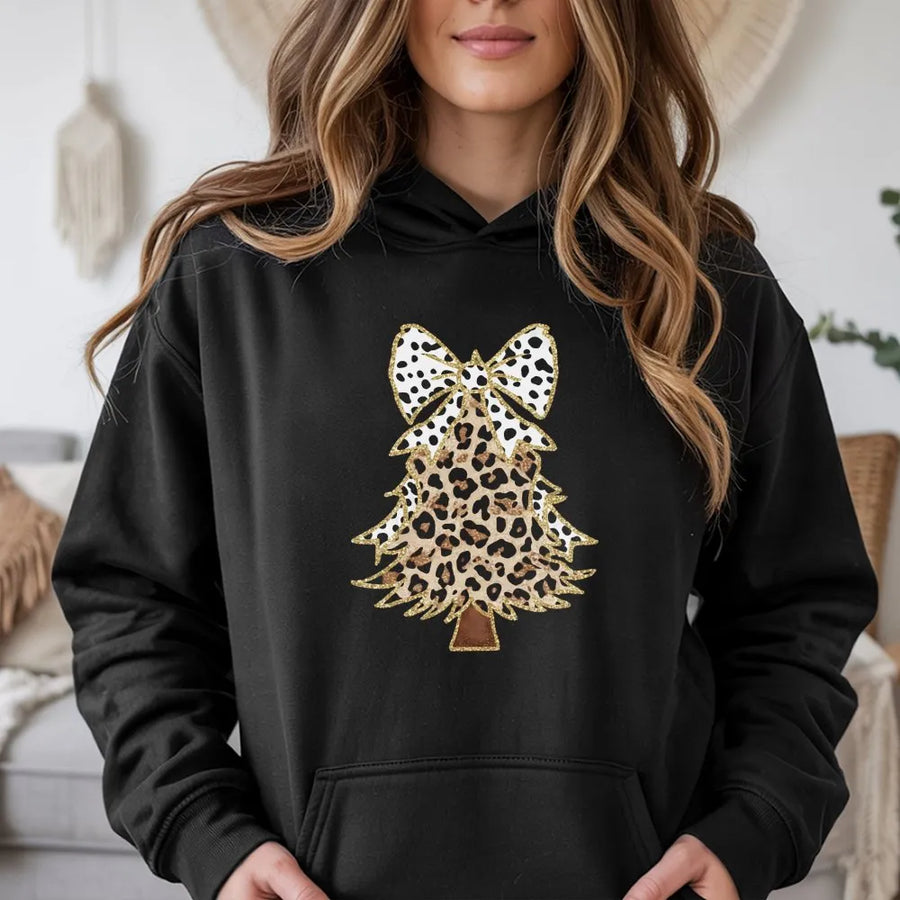 Leopard Print Christmas Tree Hoodie | Festive Animal Pattern Graphic | Premium Cotton Blend | Cozy Holiday Gift for Women and Teen Girls