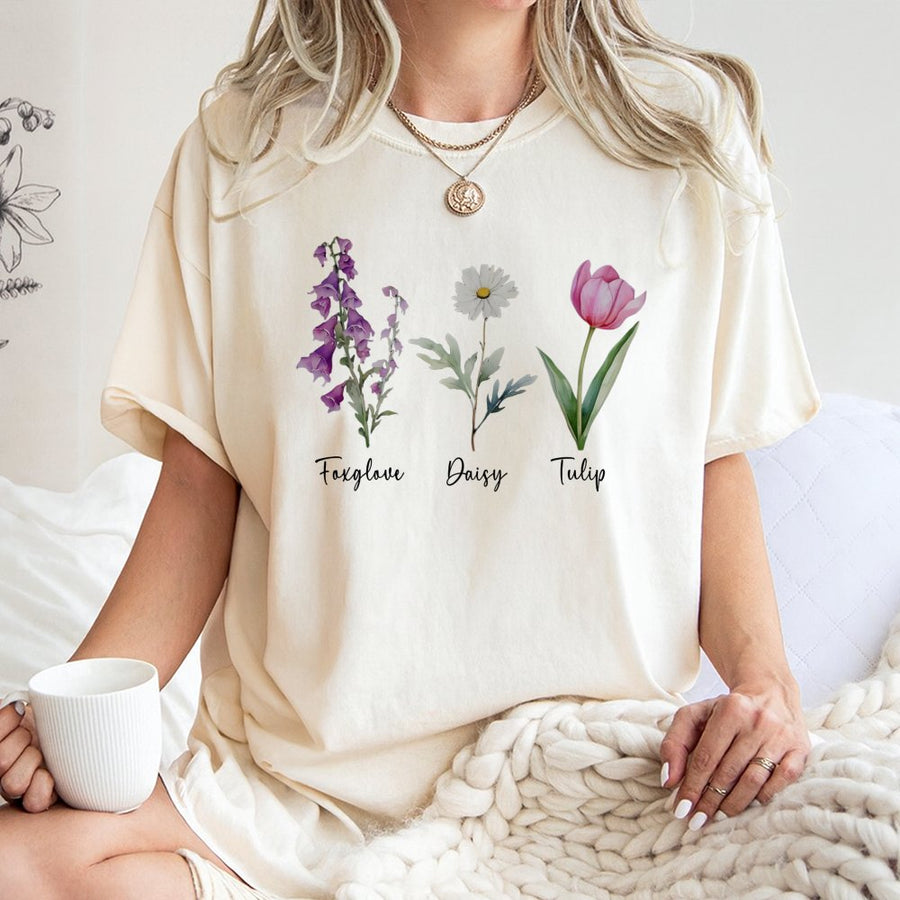 Botanical Flower T-Shirt | Foxglove Daisy Tulip Floral Watercolor Print | Premium 100% Cotton Tee | Aesthetic Nature Gift for Gardeners