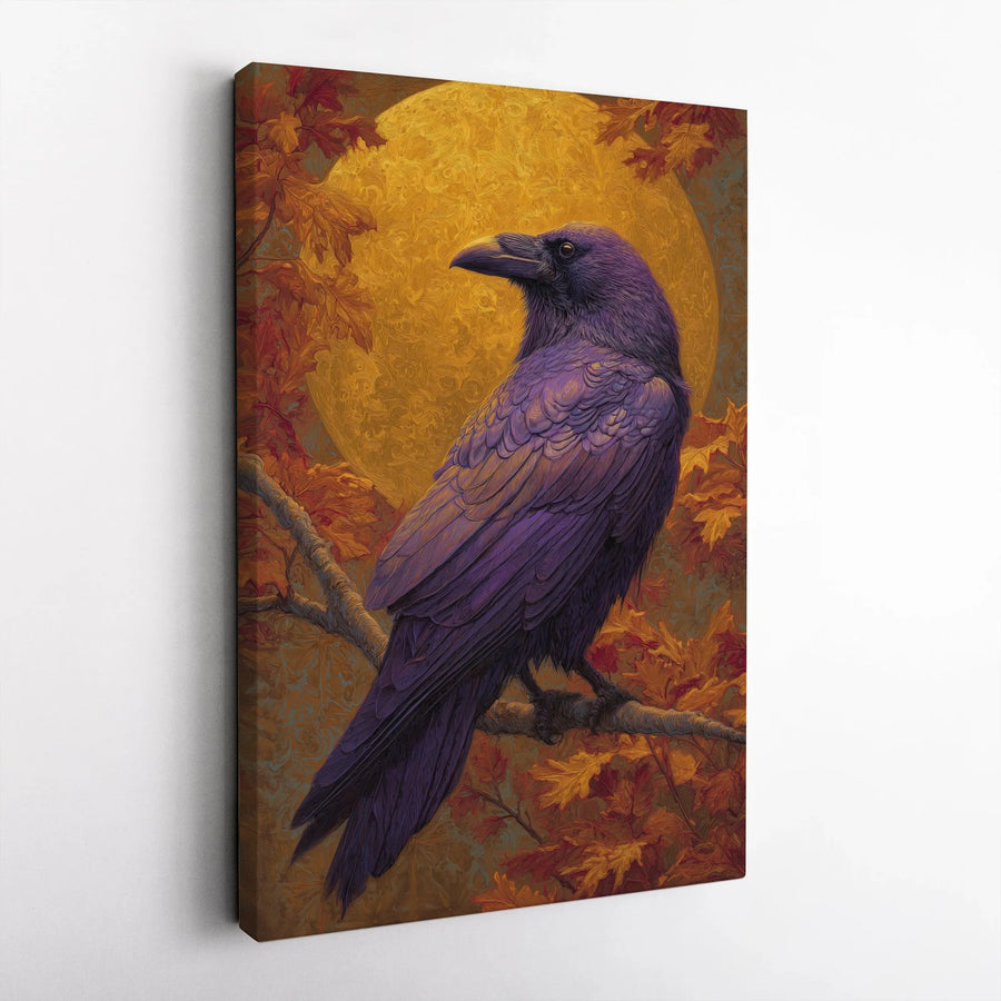 Gothic Raven Vertical Canvas | Autumn Harvest Moon Illustration | Premium Gallery Wrap | Mystical Wall Art Gift for Gothic Home Decor
