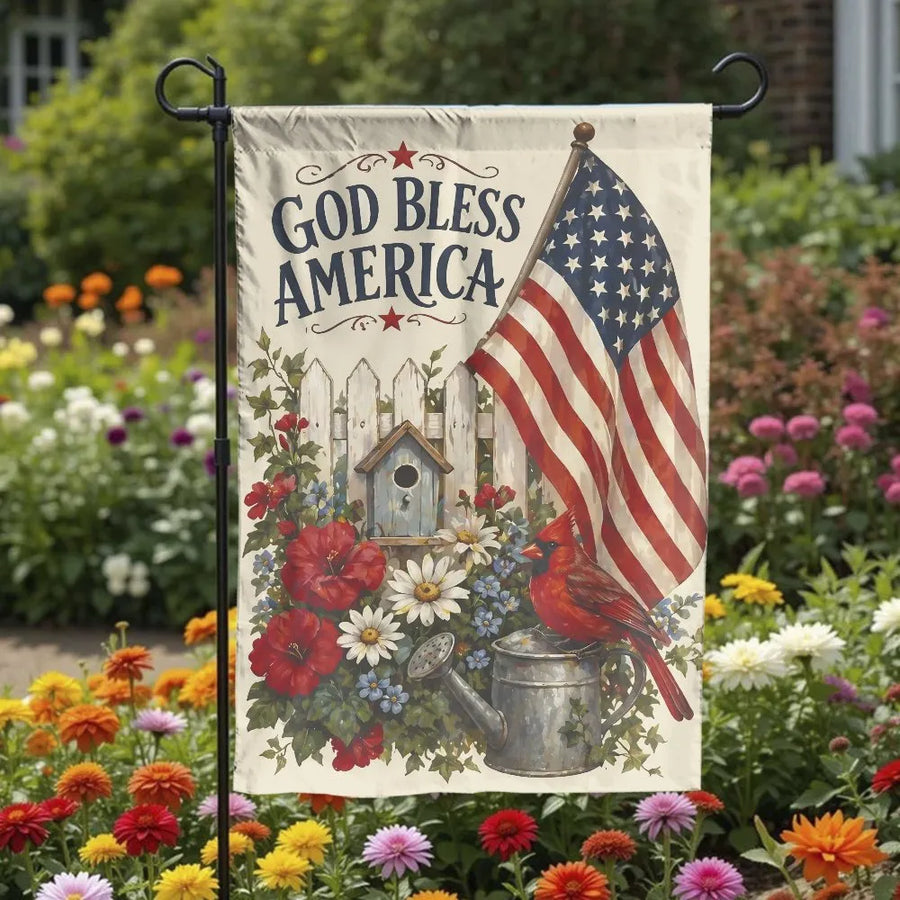 God Bless America Garden Flag | American Flag with Red Cardinal | Double Sided Weather Resistant Fabric | Patriotic Yard Decor Gift for Home
