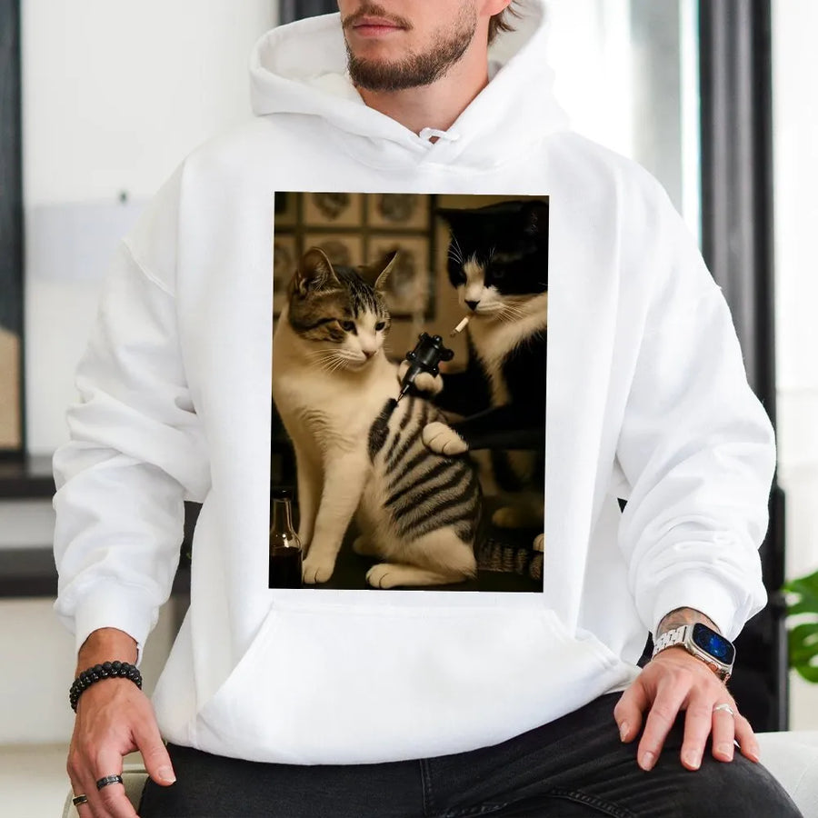 Tattoo Artist Cat Hoodie | Funny Smoking Cat Graphic Design | Premium Cotton Blend | Quirky Animal Lover Streetwear Gift For Men And Women