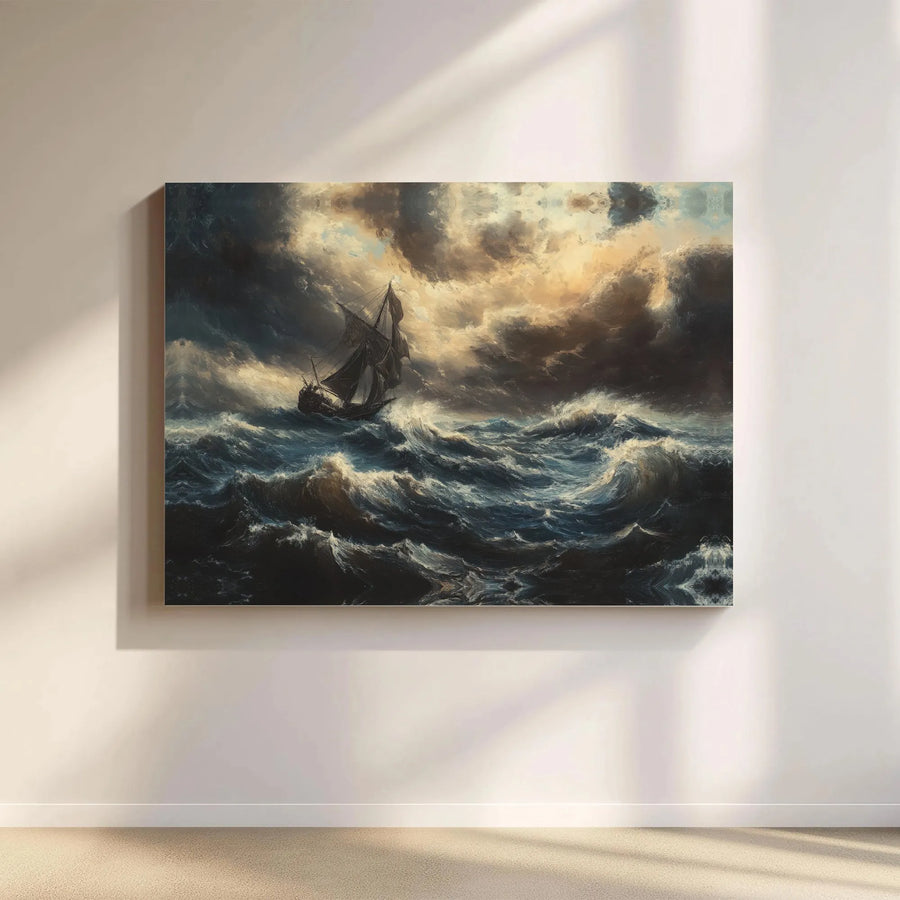 Stormy Sea Ship Canvas Wall Art | Dramatic Nautical Ocean Painting | Gallery Quality 1.25 Inch Wrap | Premium Home Decor Gift for Sailboat Lovers