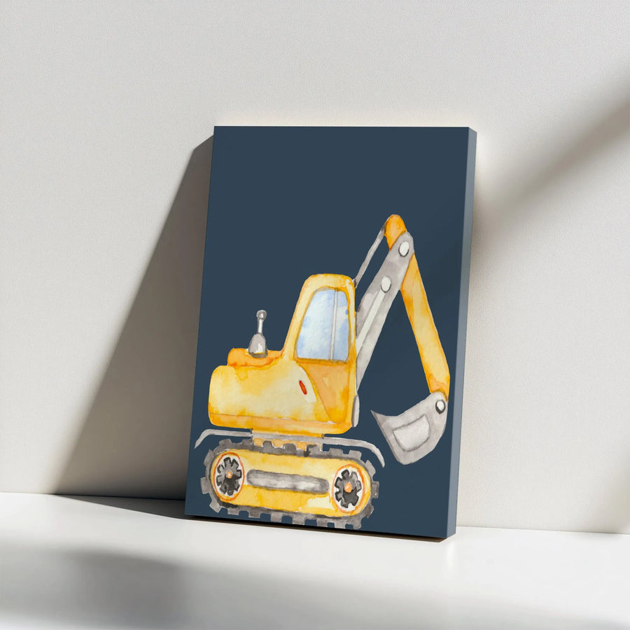 Watercolor Excavator Canvas Print | Nursery Construction Vehicle Wall Art | Premium Gallery-Wrapped 1.25" Frame | Kids Bedroom Decor Gift