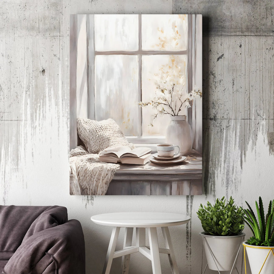 Cozy Window Nook Canvas Print | Book and Coffee Morning Aesthetic | Gallery-Quality 1.25-inch Profile | Peaceful Home Decor Gift