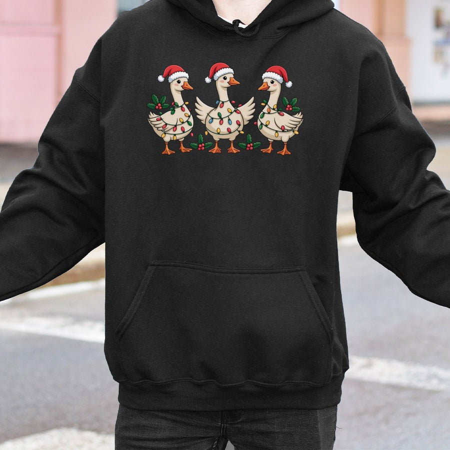 Christmas Goose Hoodie | Funny Holiday Silly Goose Lights Graphic | Premium Cotton Blend Sweatshirt | Cute Xmas Gift for Her Him