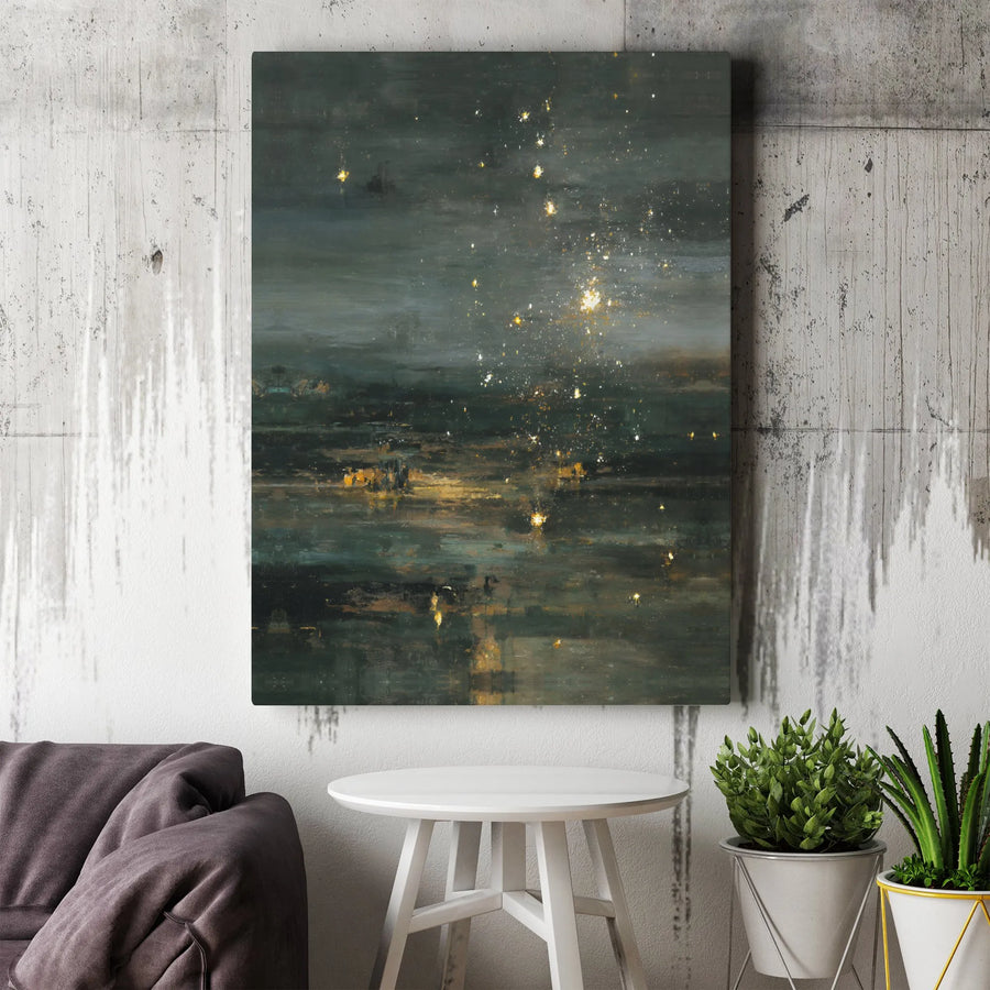 Abstract Night Sky Canvas Print | Moody City Lights Seascape Painting | Premium Gallery Wrapped Canvas | Modern Living Room & Office Wall Decor Gift