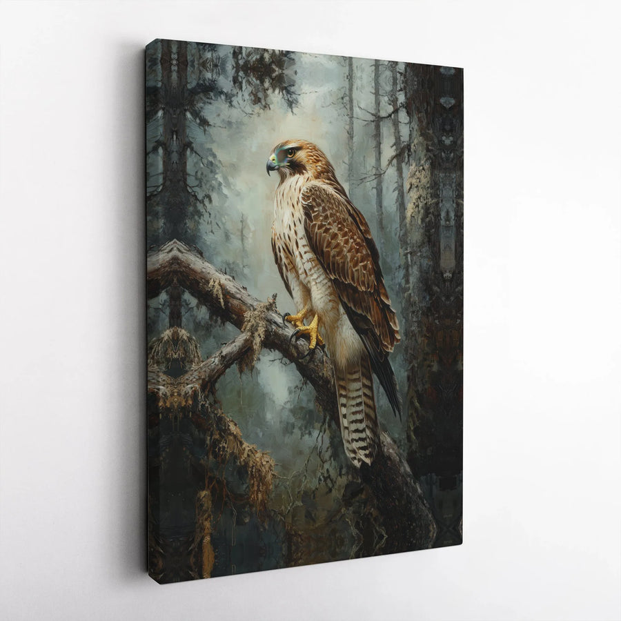 Hawk Canvas Wall Art | Majestic Forest Hawk Painting Print | Premium Gallery Wrapped Canvas | Nature Lover Gift & Rustic Cabin Decor