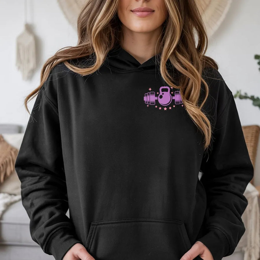 Cute Workout Hoodie | Kettlebell & Dumbbell Graphic | Premium Cotton Blend | Gift for Women Who Lift