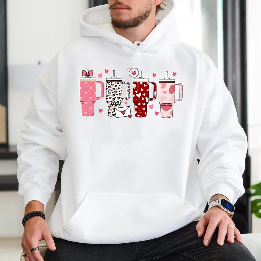 Valentine's Day Tumbler Hoodie | Cute Hearts & Hydration Graphic | Premium Soft Cotton Blend | Gift for Women & Girls
