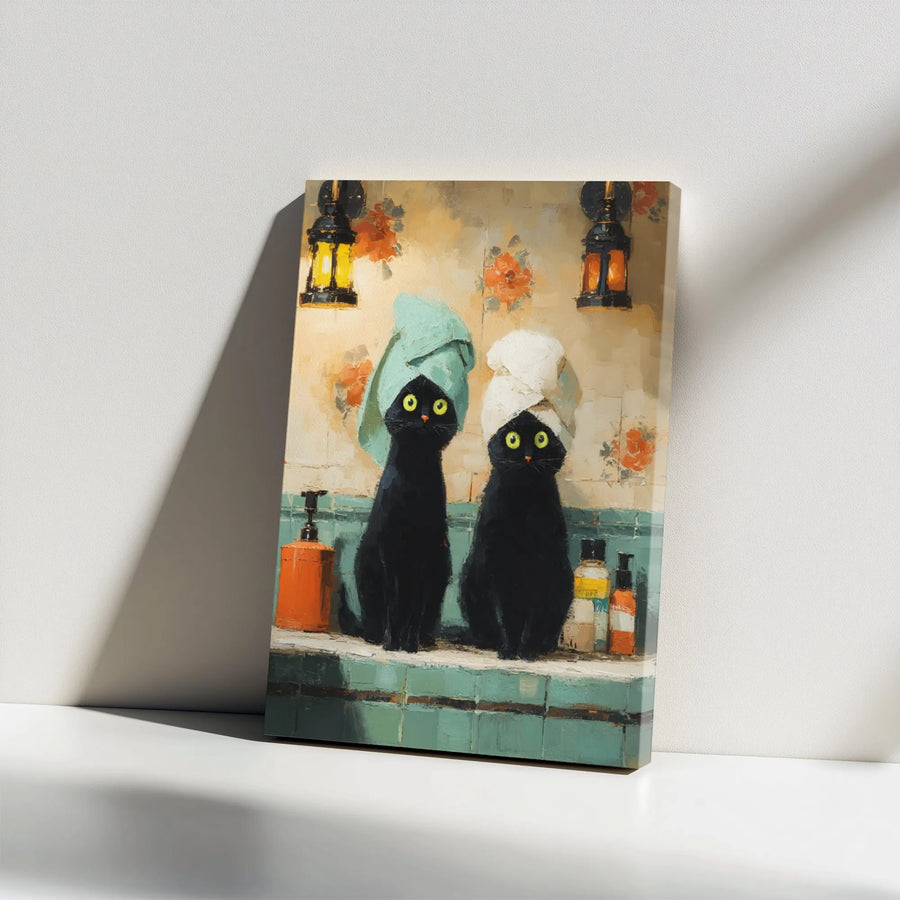 Black Cat Bathroom Wall Art | Funny Spa Day Cats in Towels | Premium Gallery Wrap Canvas | Whimsical Animal Decor for Cat Lovers Gift