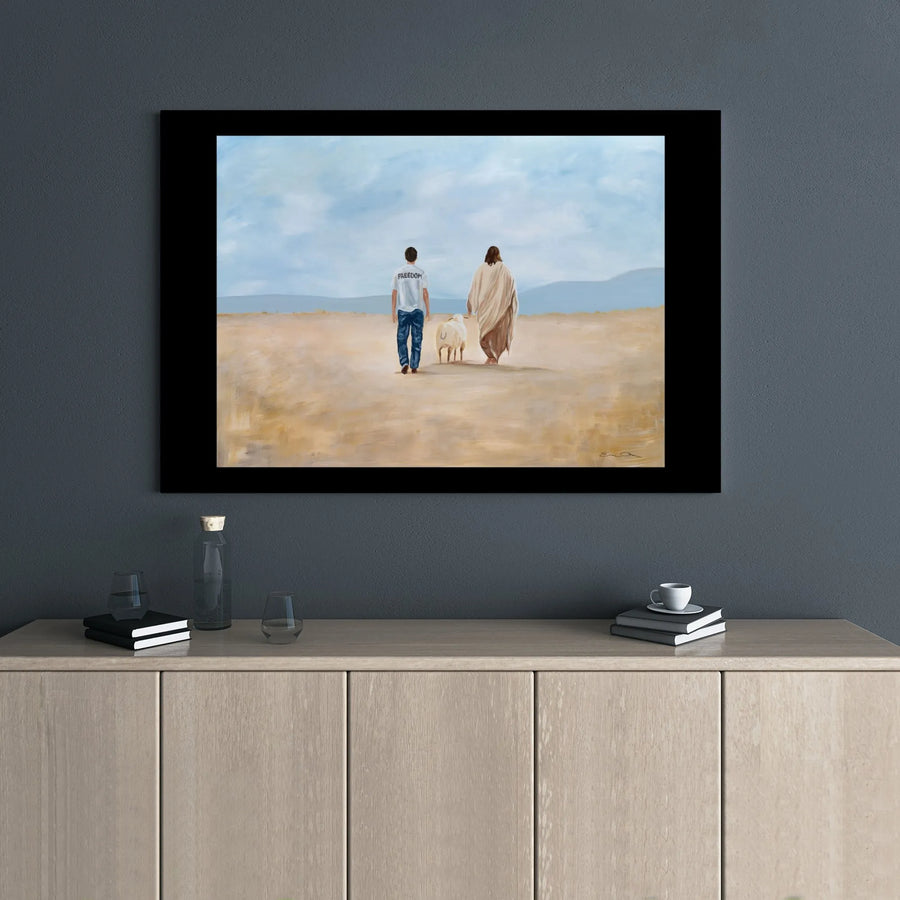 Jesus Walking With Man and Lamb Canvas | Religious Freedom Art Print | 1.25-Inch Gallery Wrap | Christian Home Decor Gift for Believers