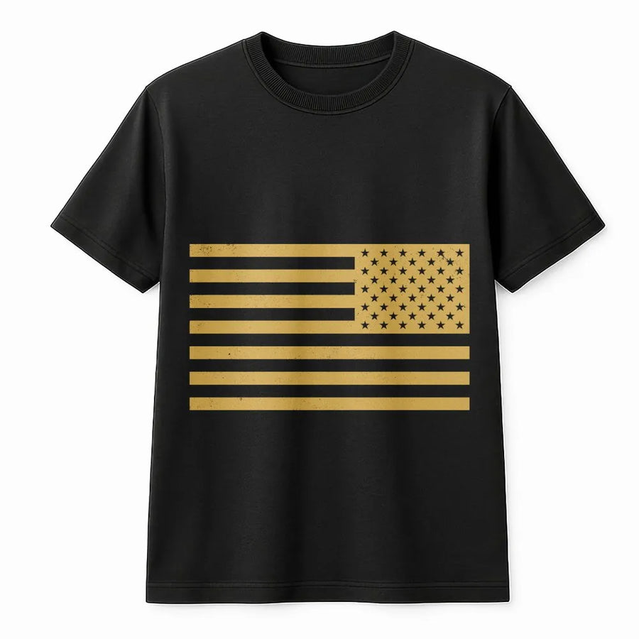Distressed American Flag T-Shirt | Vintage Gold USA Flag Graphic | Premium 100% Cotton | Patriotic Father's Day Gift for Dad, Menswear