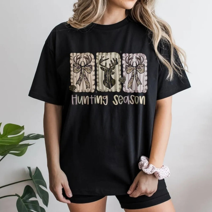 Hunting Season T-Shirt | Camo Deer Antler and Bow Graphic | Premium 100% Cotton | Country Girl Fall Gift for Outdoors Lovers