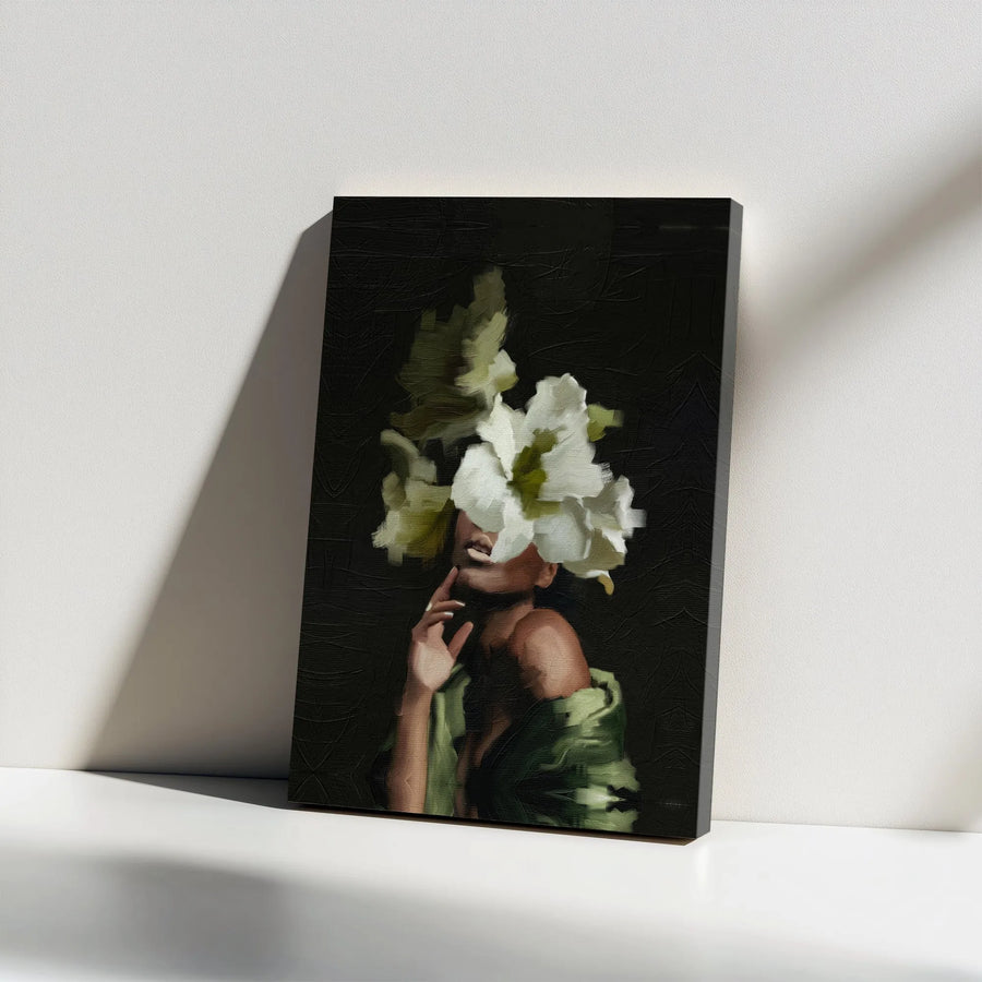 Black Woman Floral Art Canvas Print | Elegant Flower Face Portrait | Premium Gallery Wrap Wall Decor | Moody Botanical Home Office Gift