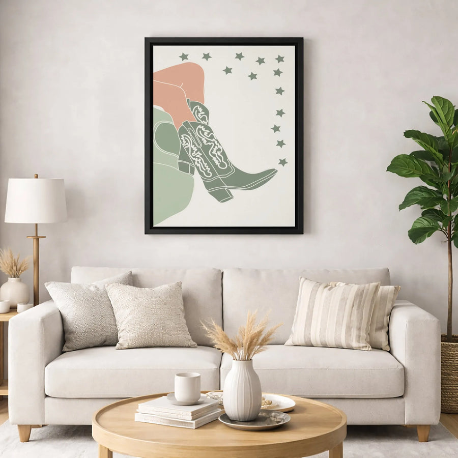 Western Cowgirl Boots Canvas Wall Art | Minimalist Sage Green Star Print | Premium Gallery Wrap Decor | Aesthetic Boho Bedroom Gift