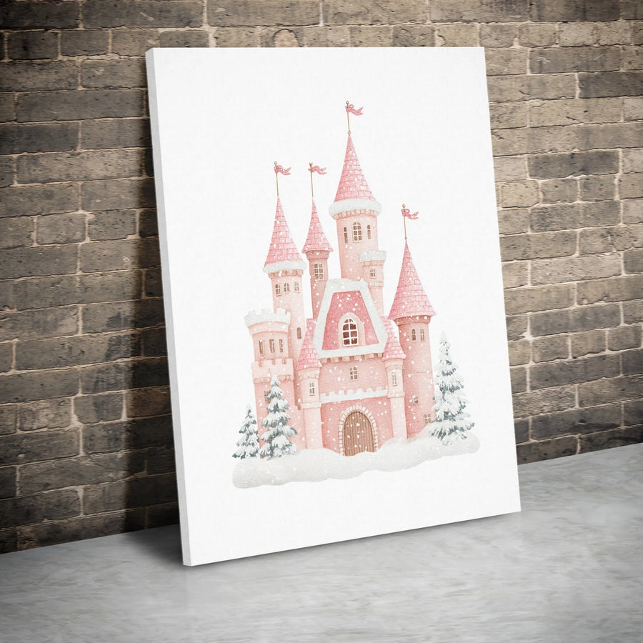 Pink Princess Castle Canvas Wall Art | Watercolor Winter Fairy Tale Decor | Premium Gallery Wrap Print | Magical Nursery & Kids Room Gift