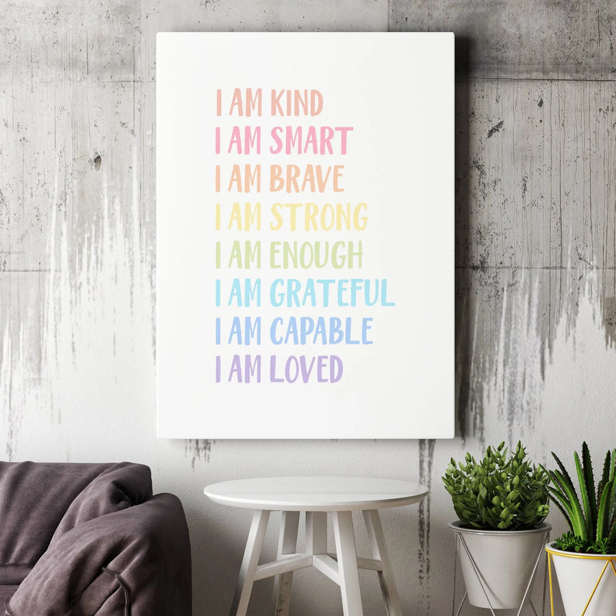 I Am Affirmation Canvas Print | Motivational Pastel Rainbow Wall Art | Premium Gallery-Wrapped Decor | Inspirational Gift For Kids Bedroom Or Office