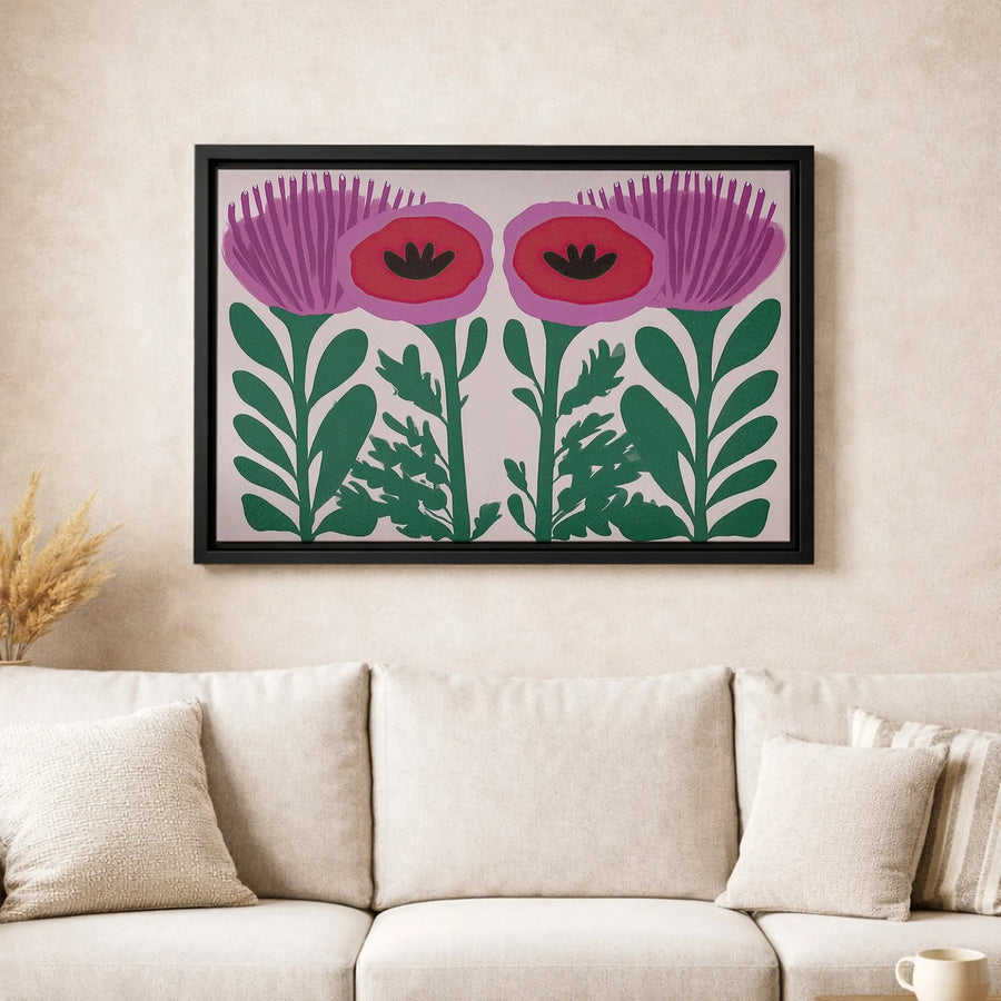 Boho Floral Canvas Wall Art | Symmetrical Poppy and Thistle Folk Art Print | Premium 1.25" Gallery Wrap | Modern Home Decor Gift