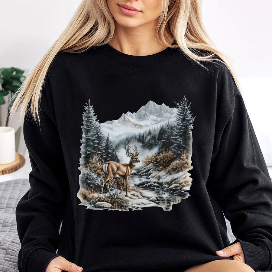 Whitetail Deer Sweatshirt | Winter Mountain Forest Nature Scene | Premium Cotton Blend | Outdoor Wildlife Lover Gift