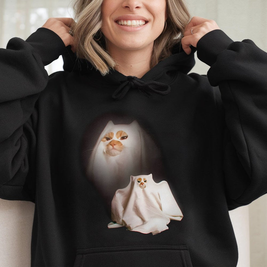 Ghost Cat Hoodie | Funny Meme Kitten Graphic | Soft Cotton-Poly Blend Sweatshirt | Unique Gift for Cat Lovers and Internet Meme Fans