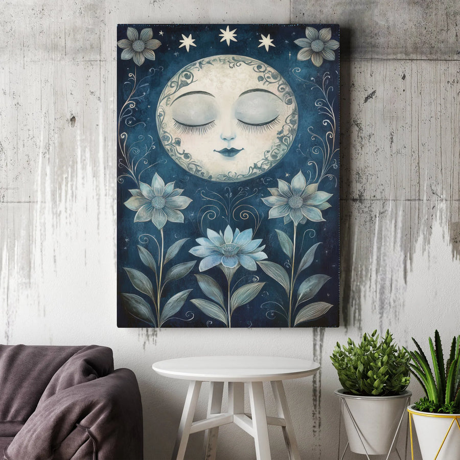 Celestial Sleeping Moon Canvas Wall Art | Whimsical Floral Starry Night Print | Premium Gallery-Wrapped Decor | Boho Witchy Bedroom Gift