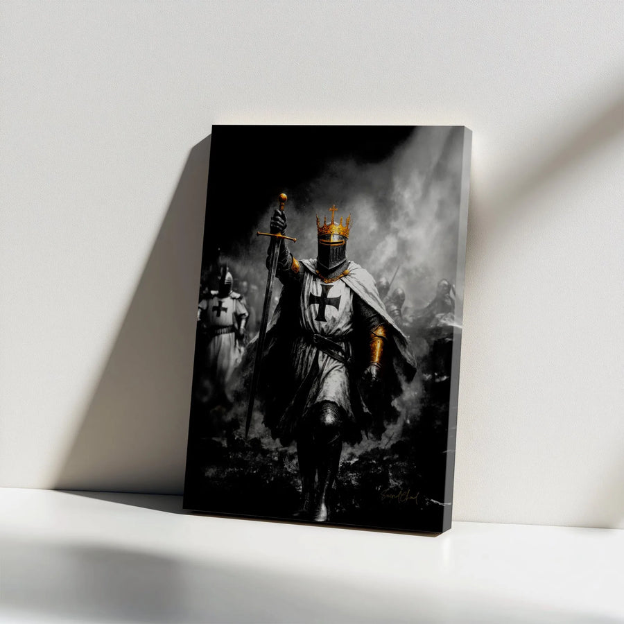Knights Templar Wall Art | Crusader King with Crown and Sword | Premium Gallery Wrap Canvas | Medieval History Gift for Home Decor