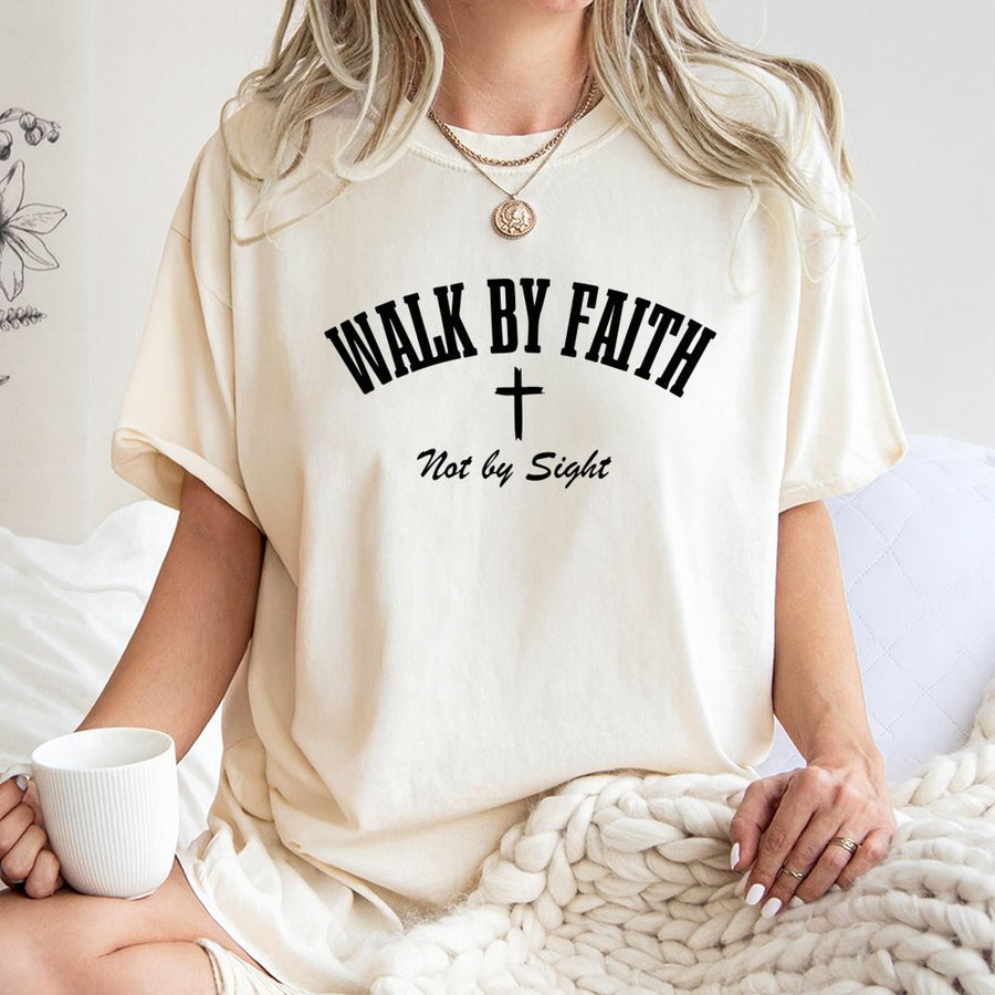 Walk By Faith T-Shirt | Not By Sight Christian Cross Graphic | 100% Premium Cotton Tee | Religious Gift For Men And Women