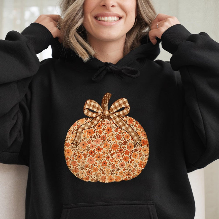 Floral Pumpkin Hoodie | Vintage Fall Aesthetic Graphic | Soft Cotton-Blend Pullover | Cozy Autumn Thanksgiving Gift for Women