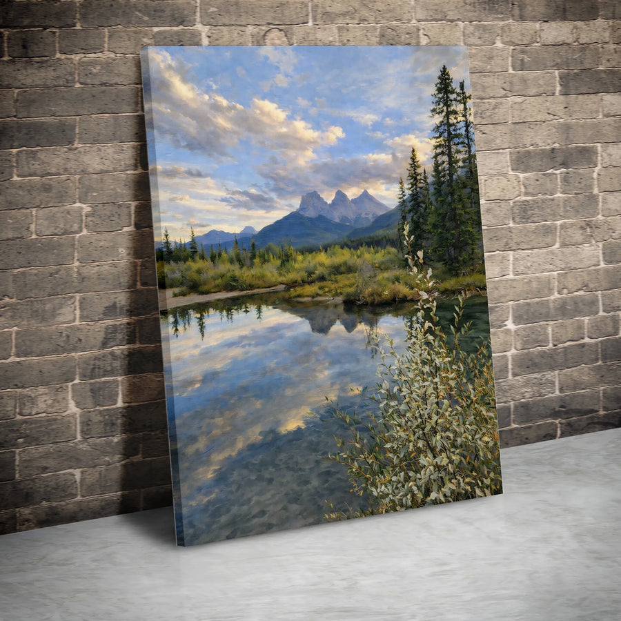 Mountain Landscape Canvas Wall Art | Realistic River Reflection Painting | Premium Thick Gallery Wrap | Modern Cabin & Lodge Decor Gift