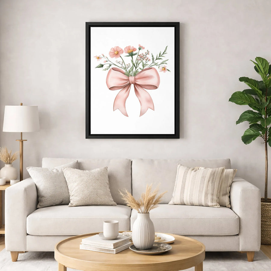 Pink Wildflower Bouquet Canvas Art | Watercolor Floral Print with Ribbon Bow | Premium Gallery Wrapped Wall Decor | Aesthetic Home Office Gift