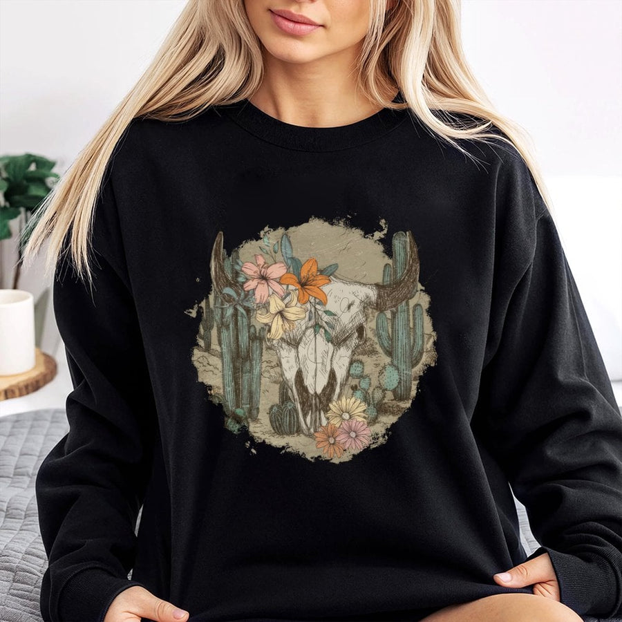Western Cow Skull Sweatshirt | Floral Desert Cactus Graphic | Premium Cotton Blend | Boho Aesthetic Gift for Women