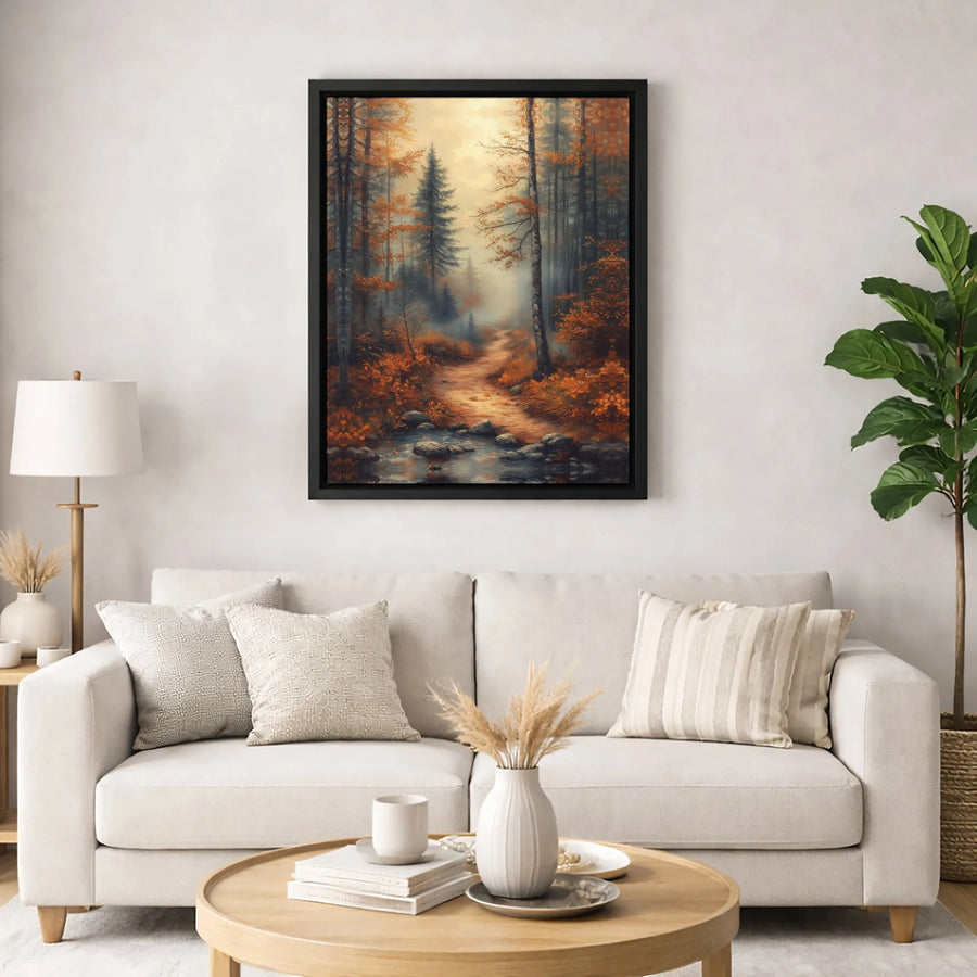 Misty Autumn Forest Canvas Art | Woodland Path & Creek Landscape | Premium Gallery Wrap 1.25" Profile | Cozy Nature Home Decor Gift