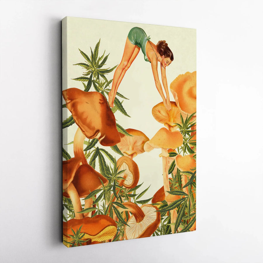 Psychedelic Mushroom Canvas Art | Vintage Pinup Girl & Cannabis Collage | Premium Gallery Wrapped Canvas | Trippy Wall Art & Stoner Gift