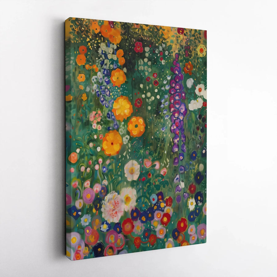 Vibrant Flower Garden Vertical Canvas | Klimt Inspired Botanical Wall Art | Premium Gallery Wrapped Print | Colorful Home Decor Gift