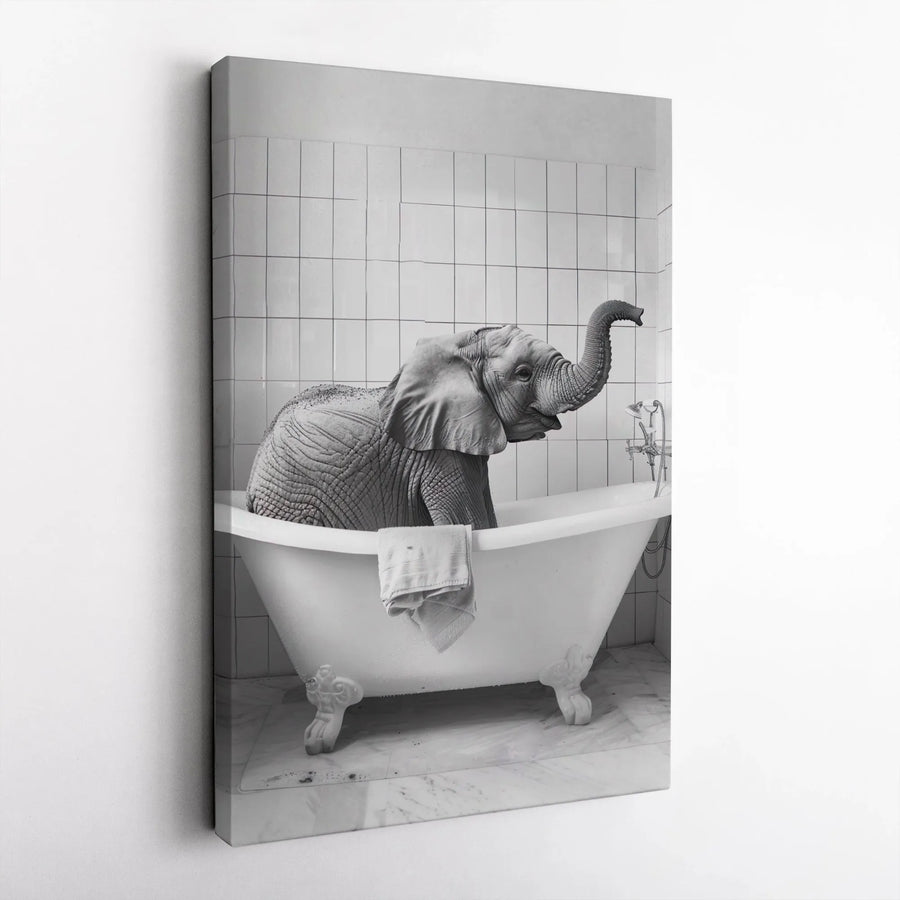 Baby Elephant Canvas Wall Art | Funny Bathing Elephant in Clawfoot Tub | Premium Gallery Wrap Print | Whimsical Bathroom Decor Gift