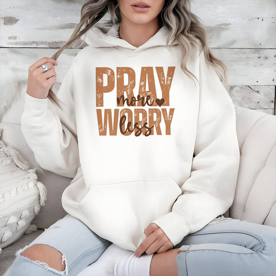 Pray More Worry Less Hoodie | Christian Faith Graphic Pullover | Premium Cotton Blend | Inspirational Religious Gift for Women and Men