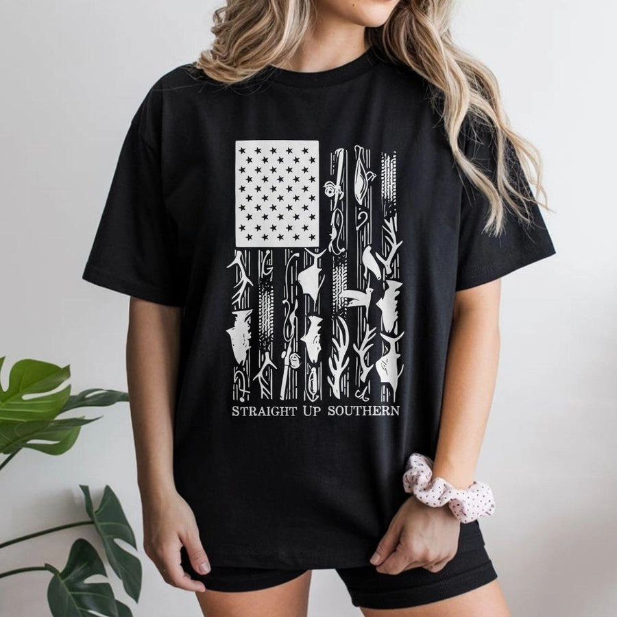 American Flag Fishing Shirt | Patriotic Hunting and Outdoors Graphic Tee | Premium Cotton Casual Apparel | Gift for Outdoorsmen and Sportsmen
