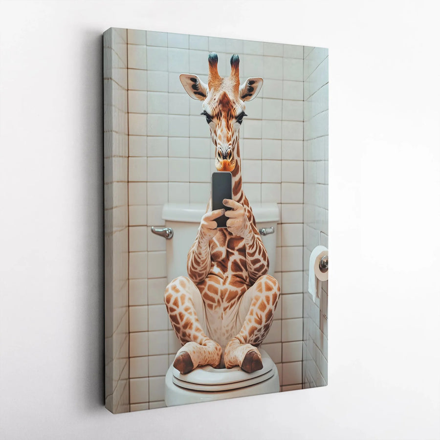 Funny Giraffe Bathroom Wall Art | Quirky Animal Toilet Phone Print | Premium Gallery Wrap Canvas | Unique Humorous Home Decor Gift
