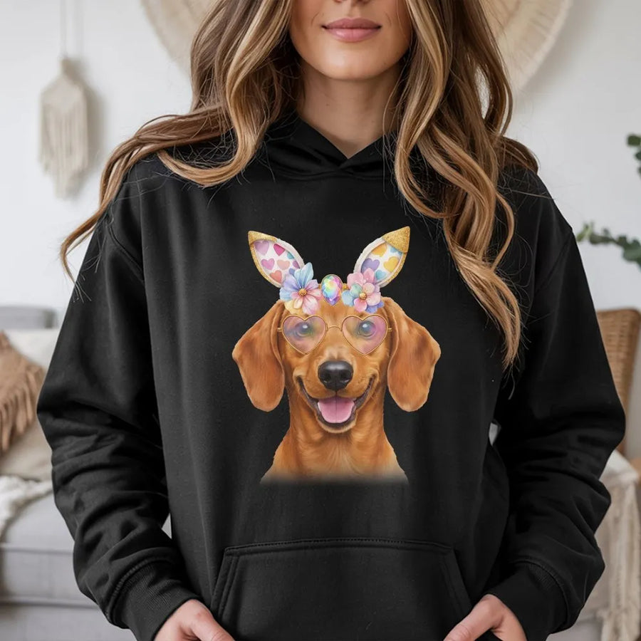 Dachshund Easter Shirt | Funny Dog Graphic Tee with Bunny Ears | Soft Cotton Hoodie | Unique Easter Gift for Dog Lovers