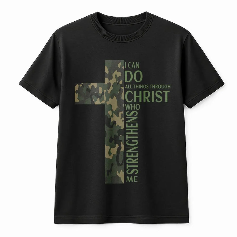 Camo Cross Christian T-Shirt | I Can Do All Things Through Christ Bible Verse | Premium 100% Cotton | Religious Gift for Men and Women