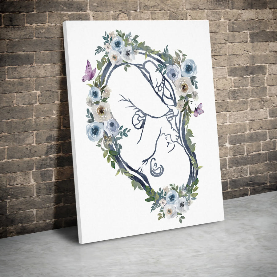 Mother Breastfeeding Line Art Canvas | Watercolor Floral Wreath Print | Premium Gallery-Wrapped Wall Decor | Meaningful Gift for New Mom