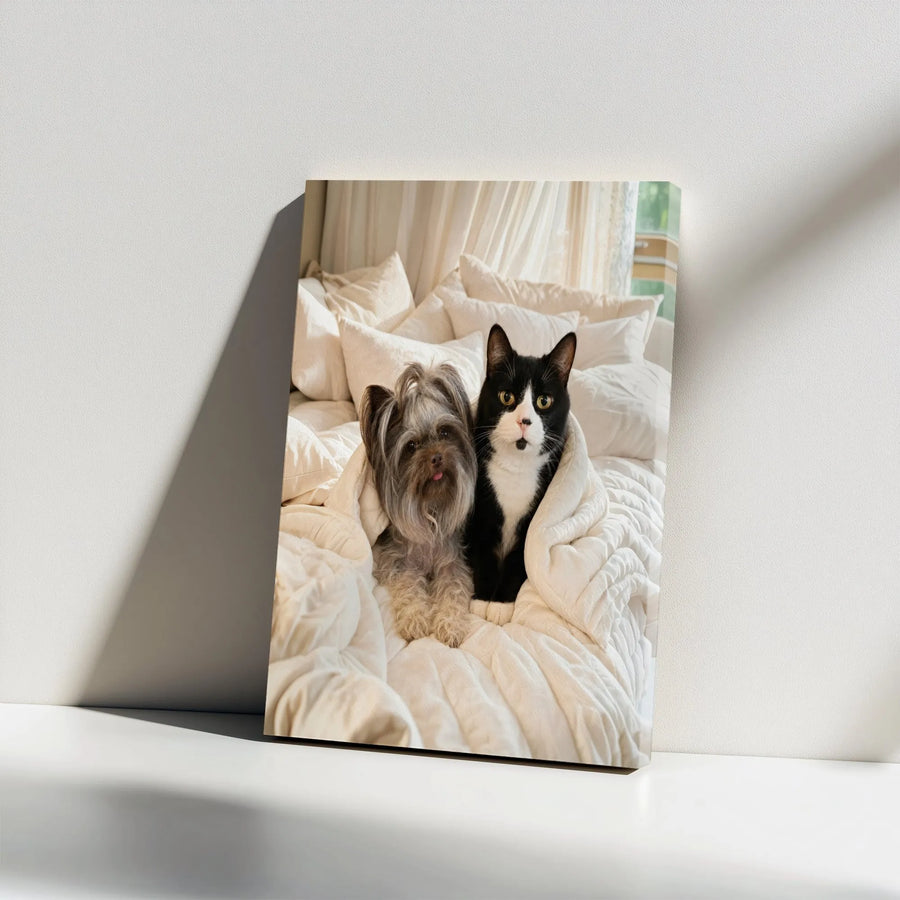 Cute Dog and Cat Bed Vertical Canvas | Adorable Tuxedo Cat & Yorkie Portrait Wall Art | Premium 1.25 Inch Gallery Wrap | Heartwarming Gift for Pet Lovers