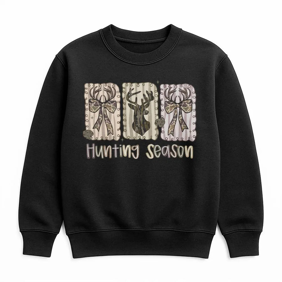 Hunting Season Sweatshirt | Cute Deer Bow Camo Graphic | Premium Cotton Blend Crewneck | Rustic Country Fall Gift for Women