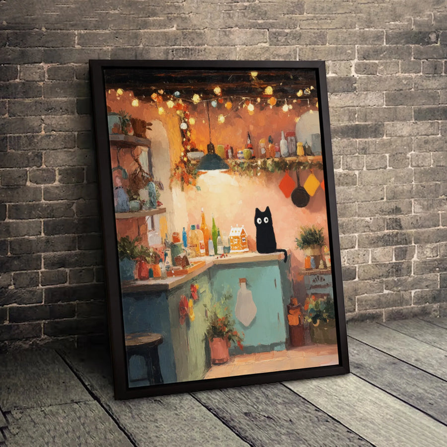 Whimsical Black Cat Wall Art | Cozy Kitchen Cottagecore Painting | Premium Gallery-Wrapped Canvas | Gift for Cat Lovers