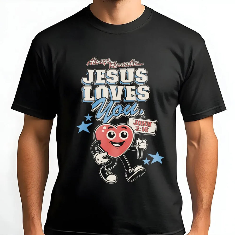 Jesus Loves You T-Shirt | Retro Cartoon Heart Graphic Tee | Premium Cotton Christian Apparel | Faith-Based Religious Easter Gift For Believers