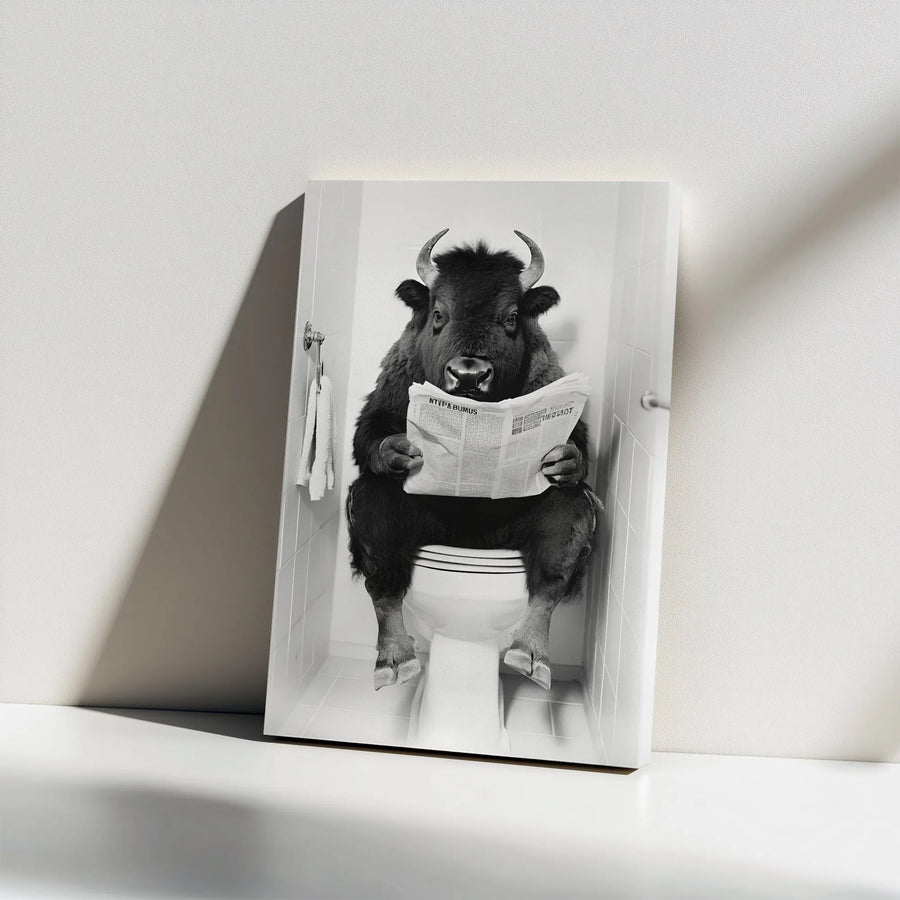Funny Bison on Toilet Canvas Print | Black and White Animal Reading Newspaper Art | Premium Gallery Wrap Wall Decor | Unique Modern Bathroom Gift