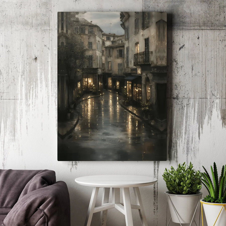 Rainy European Street Canvas Print | Moody Nighttime Cityscape Wall Art | Premium Gallery-Wrapped Decor | Gift for Travel Lovers