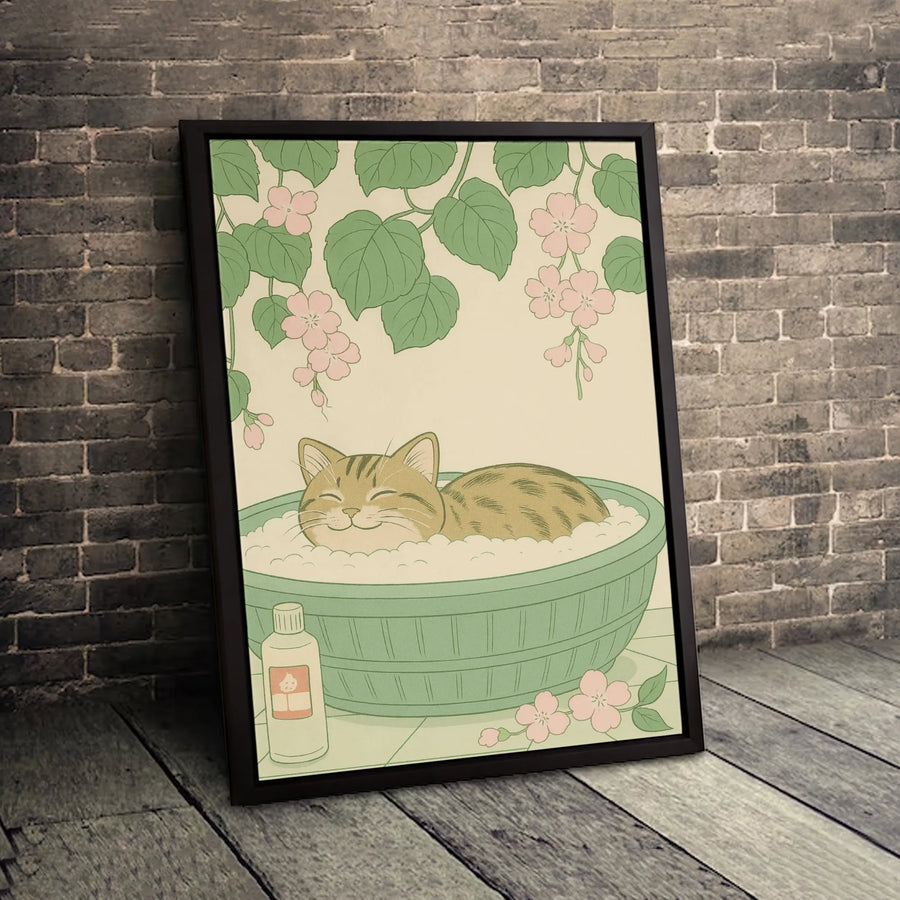 Cute Cat Canvas Wall Art | Japanese Inspired Bubble Bath Illustration | Premium Gallery Wrapped Print | Whimsical Home Decor Gift
